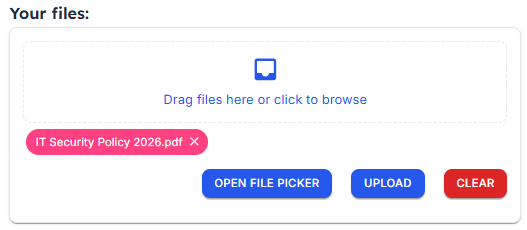 Document upload screen with a selected file ready to be uploaded